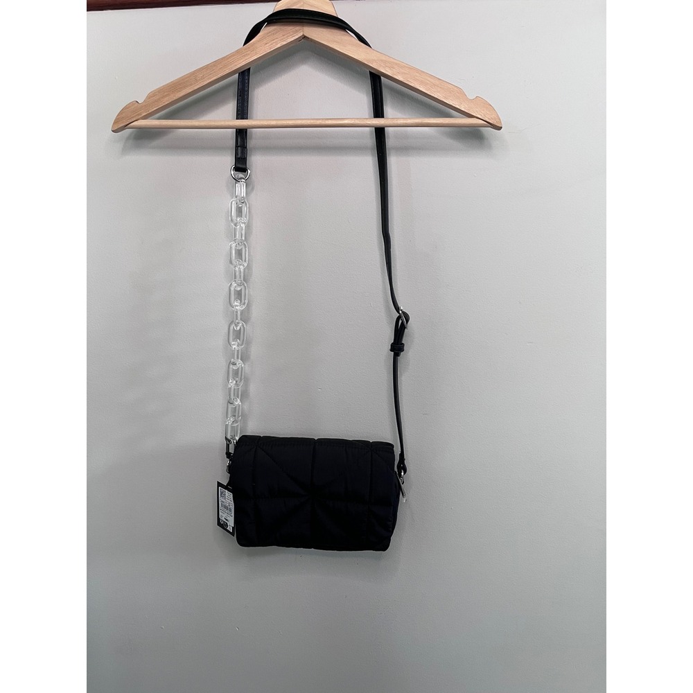 Galeries Lafayette Black Quilted Puffer Crossbody Bag with Clear Chain Strap